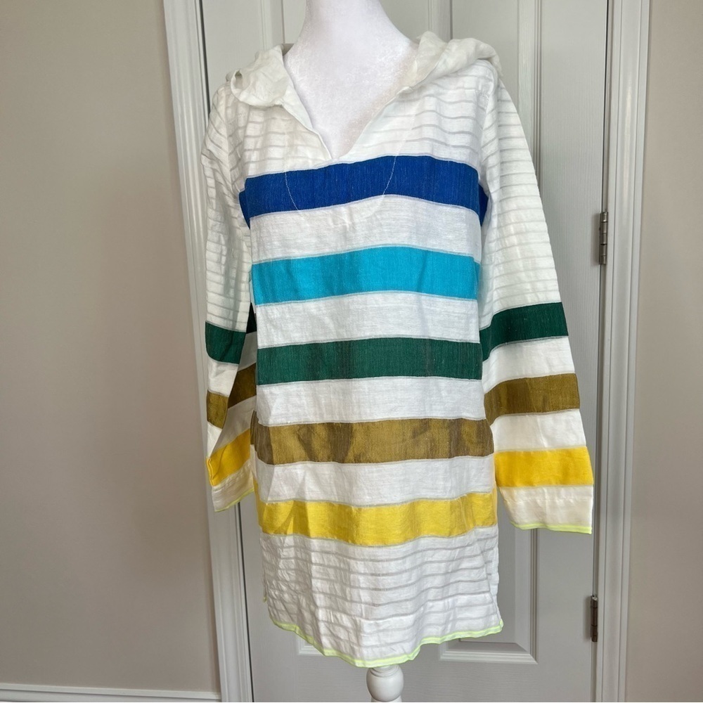 ! NWT. Lemlem Tunic Swim Cover Hood White
Multi Stripe Long Sleeve